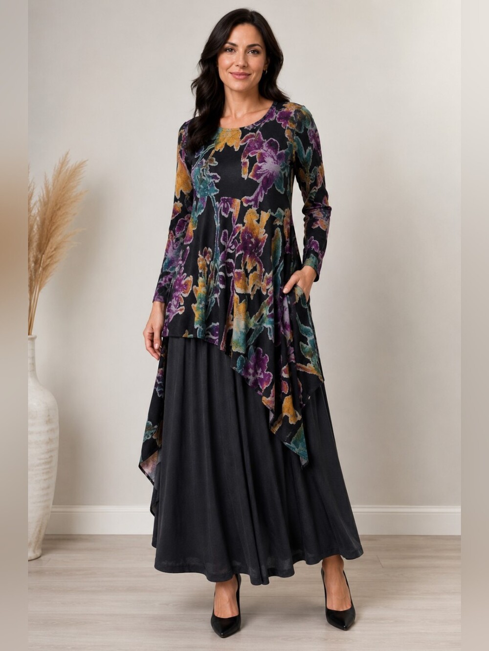 Cativa Black Asymmetrical Floral Maxi Dress with Purple, Yellow & Teal